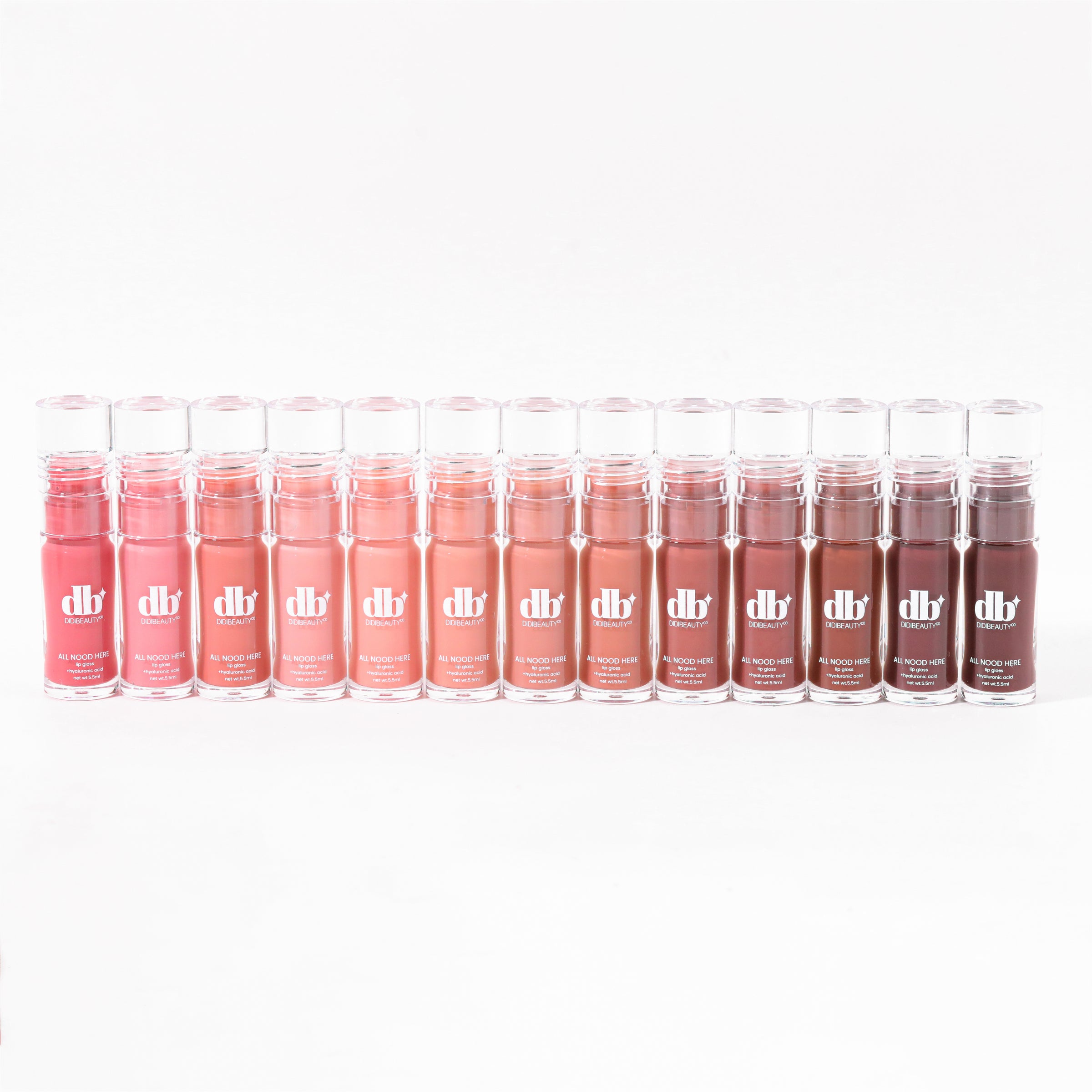 Row of lip gloss bottles with 'db' logo on a white background